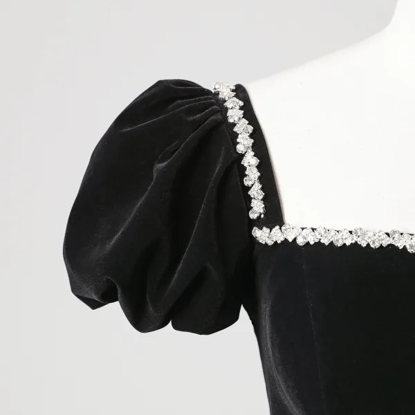 Demure Black Rhinestone Velvet Prom Dresses 2025 Ball Gown Square Neckline Puffy Short Sleeve Backless Floor-Length / Long Prom Formal Dresses