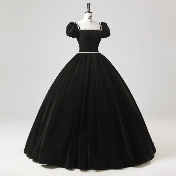 Demure Black Rhinestone Velvet Prom Dresses 2025 Ball Gown Square Neckline Puffy Short Sleeve Backless Floor-Length / Long Prom Formal Dresses