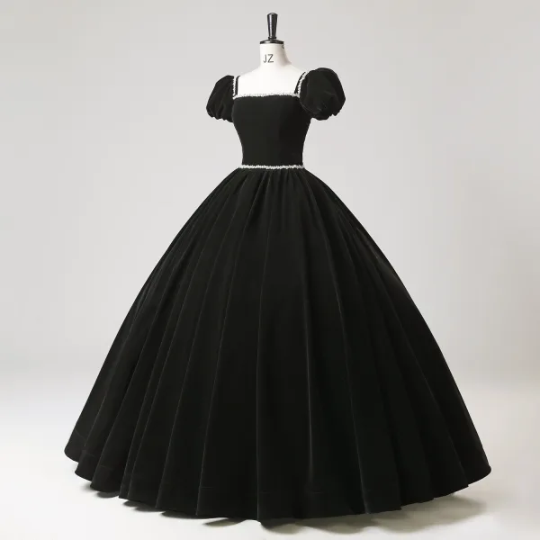 Demure Black Rhinestone Velvet Prom Dresses 2025 Ball Gown Square Neckline Puffy Short Sleeve Backless Floor-Length / Long Prom Formal Dresses