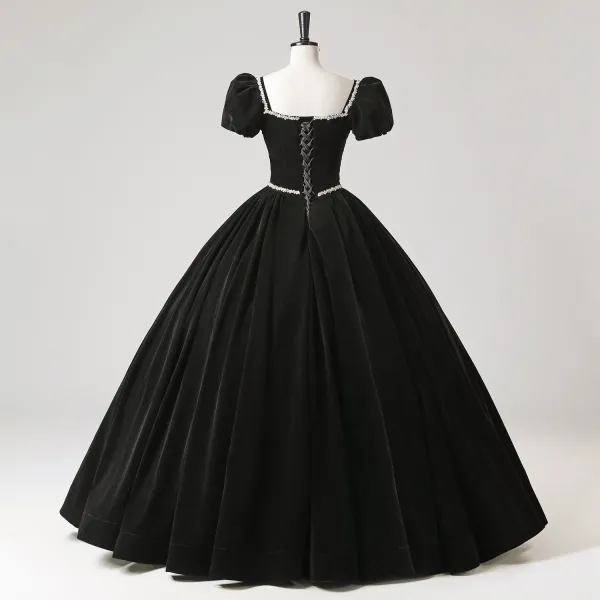Demure Black Rhinestone Velvet Prom Dresses 2025 Ball Gown Square Neckline Puffy Short Sleeve Backless Floor-Length / Long Prom Formal Dresses