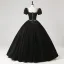 Demure Black Rhinestone Velvet Prom Dresses 2025 Ball Gown Square Neckline Puffy Short Sleeve Backless Floor-Length / Long Prom Formal Dresses
