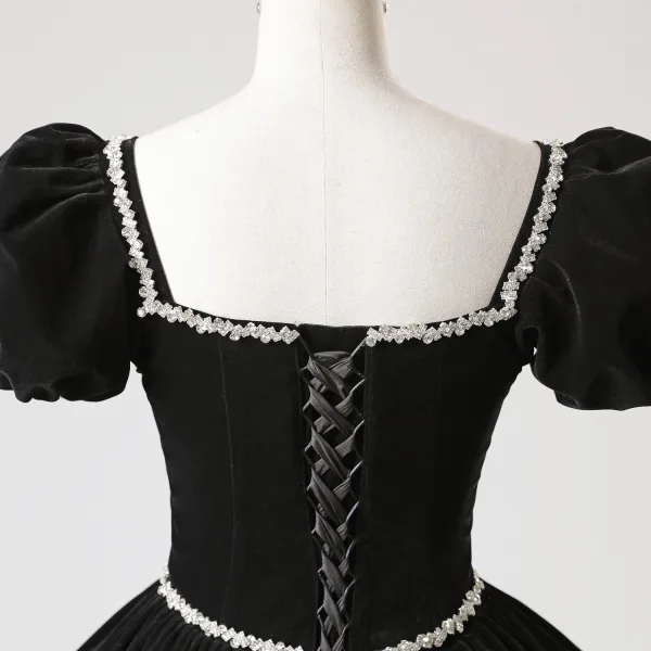 Demure Black Rhinestone Velvet Prom Dresses 2025 Ball Gown Square Neckline Puffy Short Sleeve Backless Floor-Length / Long Prom Formal Dresses