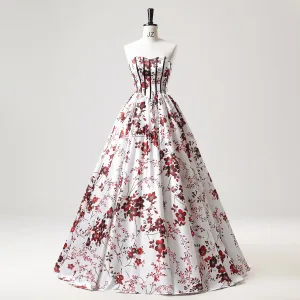 Elegant Ivory Floral Prom Dresses 2025 Ball Gown Strapless Sleeveless Backless Floor Length Long Prom Formal Dresses