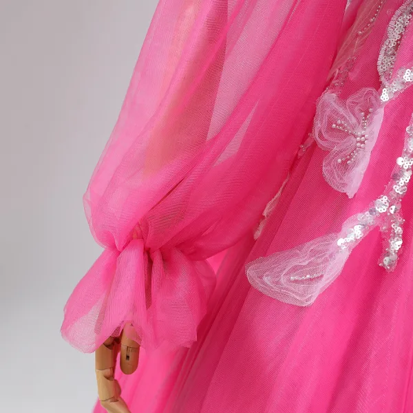 Herlig Kjæreste Fuchsia Ballkjoler 2024 Kryssede Stropper Lange Blomst Tyll Langermede Søt 16 Formelle Kjoler