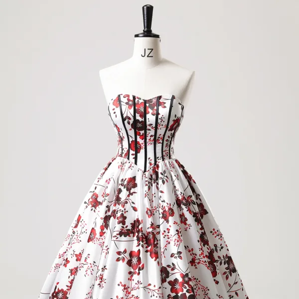 Elegant Ivory Floral Prom Dresses 2025 Ball Gown Strapless Sleeveless Backless Floor-Length / Long Prom Formal Dresses