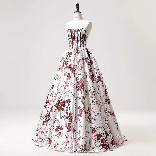 Elegant Ivory Floral Prom Dresses 2025 Ball Gown Strapless Sleeveless Backless Floor-Length / Long Prom Formal Dresses