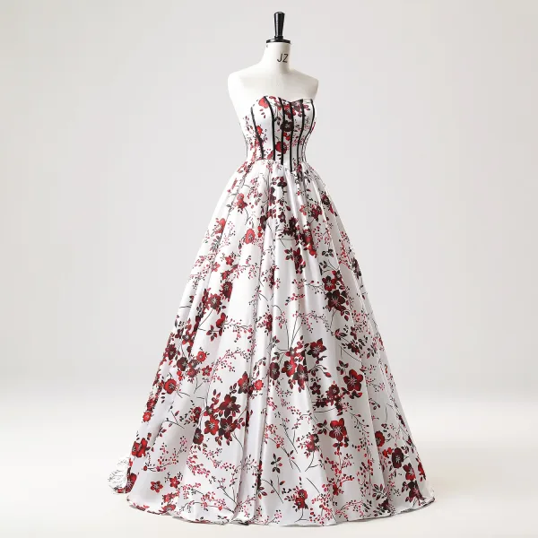 Elegant Ivory Floral Prom Dresses 2025 Ball Gown Strapless Sleeveless Backless Floor-Length / Long Prom Formal Dresses