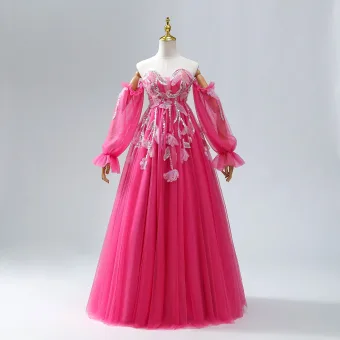 Lovely Sweetheart Fuchsia Prom Dresses 2024 Crossed Straps Floor Length Long Flower Tulle Long Sleeve Sweet 16 Formal Dresses