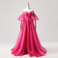 Hermoso Fucsia Desacoplable Colas De Barrido Vestidos de gala 2025 A-Line / Princess Sweetheart Mangas removibles Sin Espalda Gala Vestidos Formales