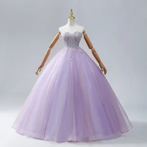 Sparkly Quinceañera Ballkjole Lavendel Ballkjoler 2024 Kryssede Stropper Beading Blad Lange Tyll Kjæreste Uten Ermer Formelle Kjoler