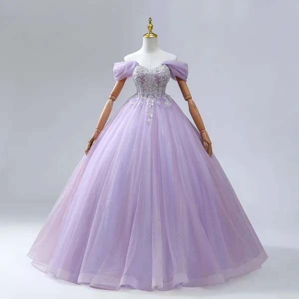 Sparkly Quinceañera Ballkjole Lavendel Ballkjoler 2024 Kryssede Stropper Beading Blad Lange Tyll Kjæreste Uten Ermer Formelle Kjoler