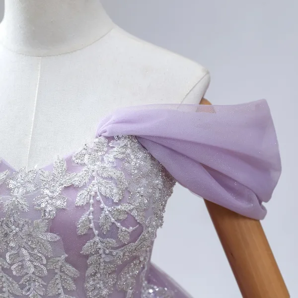 Sparkly Quinceañera Ballkjole Lavendel Ballkjoler 2024 Kryssede Stropper Beading Blad Lange Tyll Kjæreste Uten Ermer Formelle Kjoler