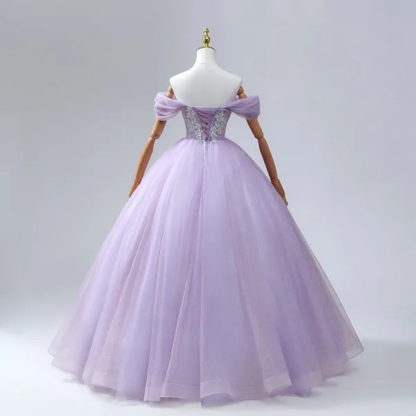 Sparkly Quinceañera Ballkjole Lavendel Ballkjoler 2024 Kryssede Stropper Beading Blad Lange Tyll Kjæreste Uten Ermer Formelle Kjoler