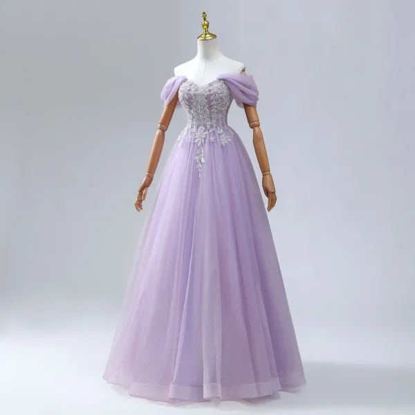 Sparkly Quinceañera Ballkjole Lavendel Ballkjoler 2024 Kryssede Stropper Beading Blad Lange Tyll Kjæreste Uten Ermer Formelle Kjoler