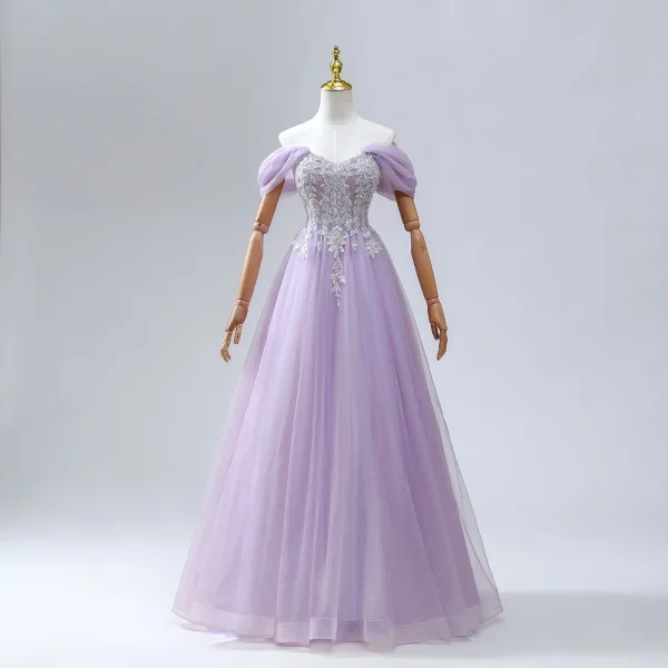 Sparkly Quinceañera Ballkjole Lavendel Ballkjoler 2024 Kryssede Stropper Beading Blad Lange Tyll Kjæreste Uten Ermer Formelle Kjoler