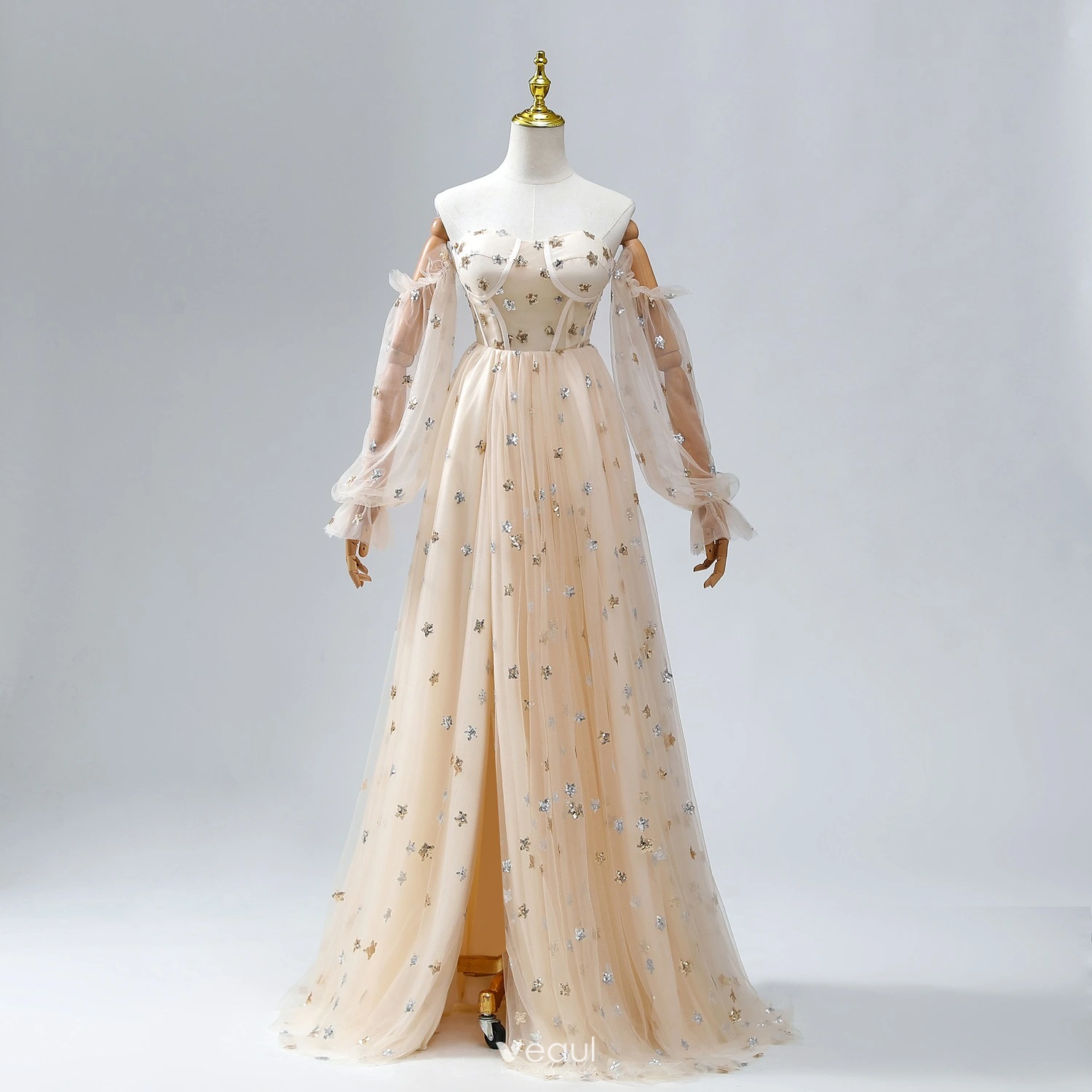 Stunning Star Split Front Champagne Corset Prom Dresses 2024 Sweet 16 Crossed Straps Removable sleeves Formal Dresses Stunning Star Split Front Champagne Corset Prom Dresses 2024 Sweet 16 Crossed Straps Removable sleeves Formal Dresses