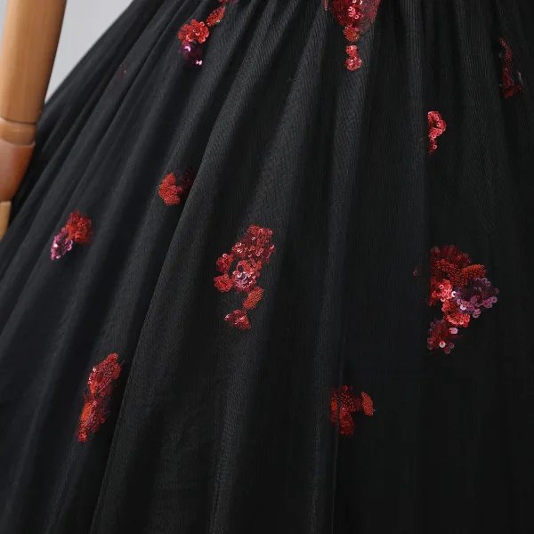 Romantic A-Line / Princess Black Red Sequins Prom Dresses 2024 Crossed Straps Ruffle Floor-Length / Long Off-The-Shoulder Sleeveless Ball Gown Formal Dresses
