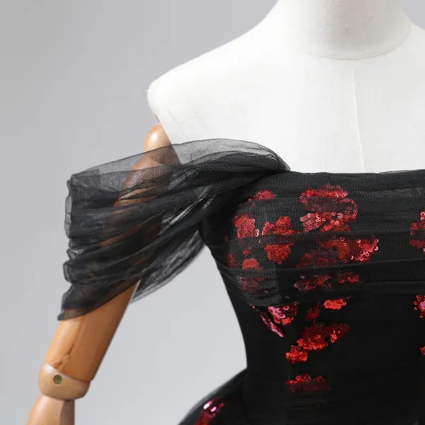 Romantic A-Line / Princess Black Red Sequins Prom Dresses 2024 Crossed Straps Ruffle Floor-Length / Long Off-The-Shoulder Sleeveless Ball Gown Formal Dresses