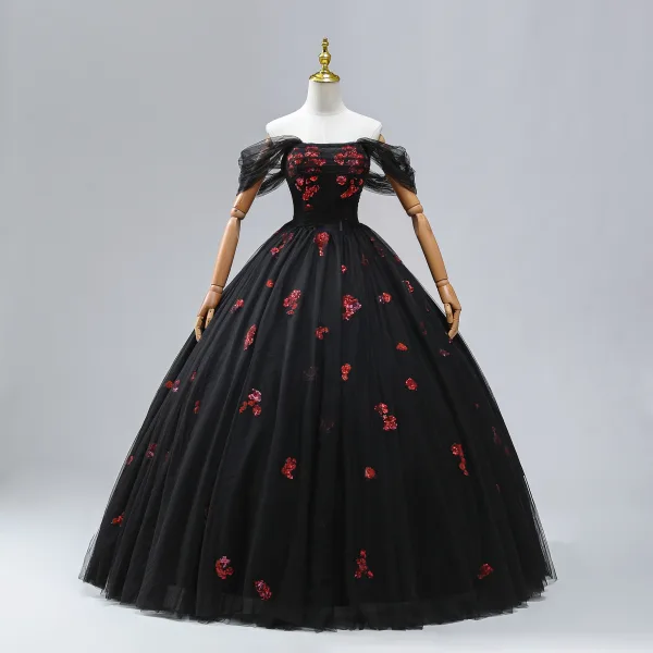 Romantic A-Line / Princess Black Red Sequins Prom Dresses 2024 Crossed Straps Ruffle Floor-Length / Long Off-The-Shoulder Sleeveless Ball Gown Formal Dresses
