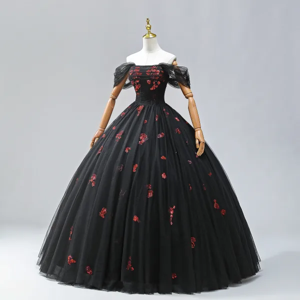 Romantic A-Line / Princess Black Red Sequins Prom Dresses 2024 Crossed Straps Ruffle Floor-Length / Long Off-The-Shoulder Sleeveless Ball Gown Formal Dresses