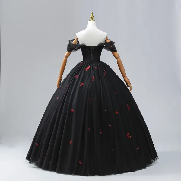 Romantic A-Line / Princess Black Red Sequins Prom Dresses 2024 Crossed Straps Ruffle Floor-Length / Long Off-The-Shoulder Sleeveless Ball Gown Formal Dresses
