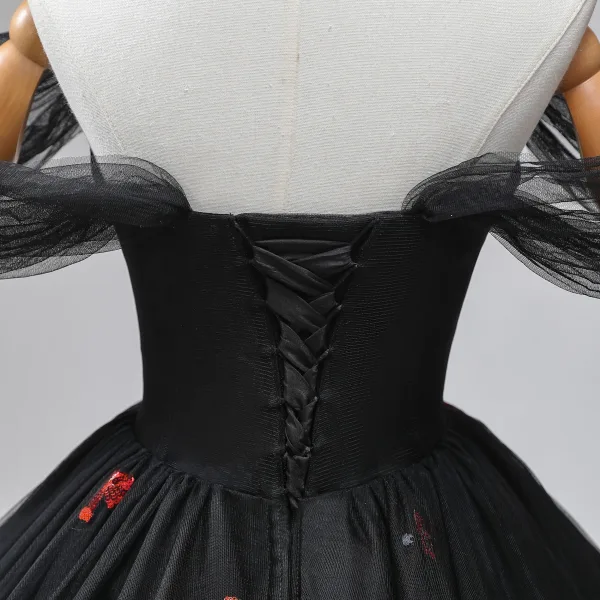 Romantic A-Line / Princess Black Red Sequins Prom Dresses 2024 Crossed Straps Ruffle Floor-Length / Long Off-The-Shoulder Sleeveless Ball Gown Formal Dresses