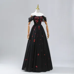 Romantisch A Linie Schwarz Rot Pailletten Ballkleider 2024 Gekreuzte Träger Rüschen Lange Off Shoulder Ärmellos Ballkleid Festliche Kleider
