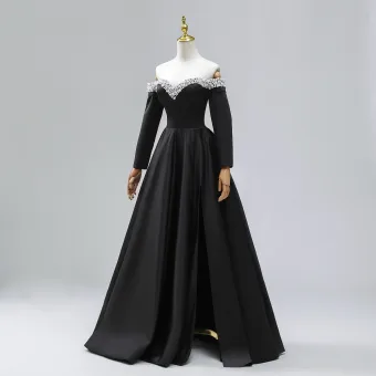 Fabelhaft Schwarz Satin Gespaltete Front Perle Ballkleider 2024 Off Shoulder Gekreuzte Träger Abnehmbare Ärmel Lange Festliche Kleider