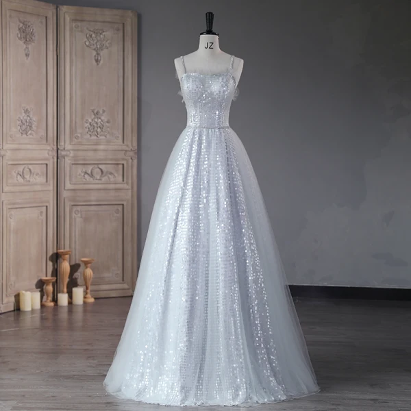 Sparkly Silver Sequins Prom Dresses 2023 Ball Gown Rhinestone Spaghetti Straps Sash Sleeveless Backless Floor-Length / Long Prom Formal Dresses