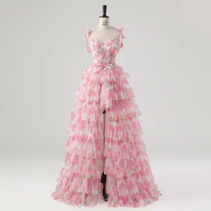 Blomsterfe Rose Blomst Rødmende Rosa Ballkjoler 2025 Søt 16 Homecoming Prinsesse Spaghettistropper Formelle Kjoler Kryssede Stropper Avtakbar Uten Ermer