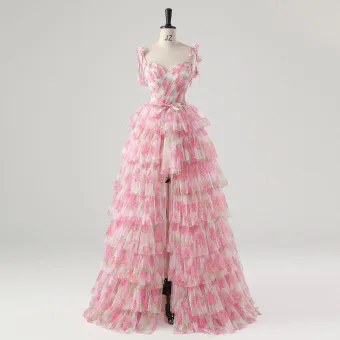 Fée Des Fleurs Rose Fleur Rougissant Rose Robe De Bal 2025 Douce 16 De Retour Princesse Bretelles Spaghetti Robe De Cérémonie Bretelles Croisées Détachable Sans Manches