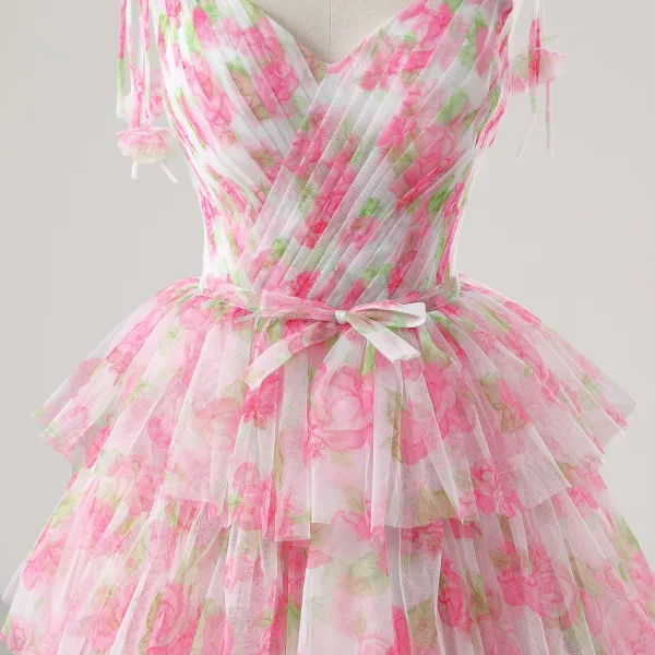 Flower Fairy Rose Flower Blushing Pink Prom Dresses 2025 Sweet 16 Homecoming A-Line / Princess Spaghetti Straps Formal Dresses Crossed Straps Detachable Sleeveless