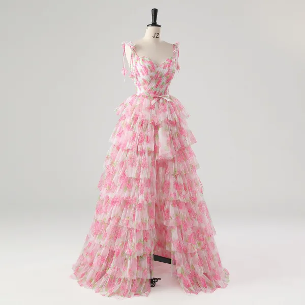 Flower Fairy Rose Flower Blushing Pink Prom Dresses 2025 Sweet 16 Homecoming A-Line / Princess Spaghetti Straps Formal Dresses Crossed Straps Detachable Sleeveless