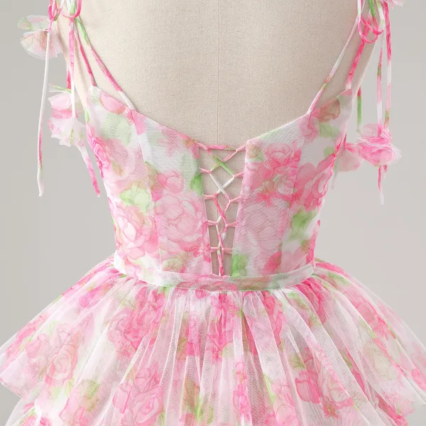 Flower Fairy Rose Flower Blushing Pink Prom Dresses 2025 Sweet 16 Homecoming A-Line / Princess Spaghetti Straps Formal Dresses Crossed Straps Detachable Sleeveless