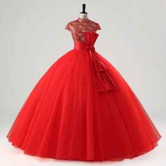 Vintage Originale Rouge En Dentelle Fleur Paillettes Noeud Ceinture Robe De Bal 2025 Robe Boule Col Haut Mancherons Longue Promo Robe De Ceremonie