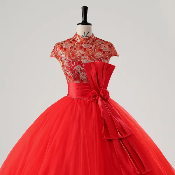 Vintage / Retro Red Lace Flower Sequins Bow Sash Prom Dresses 2025 Ball Gown High Neck Cap Sleeves Floor-Length / Long Prom Formal Dresses