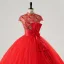Vintage / Retro Red Lace Flower Sequins Bow Sash Prom Dresses 2025 Ball Gown High Neck Cap Sleeves Floor-Length / Long Prom Formal Dresses