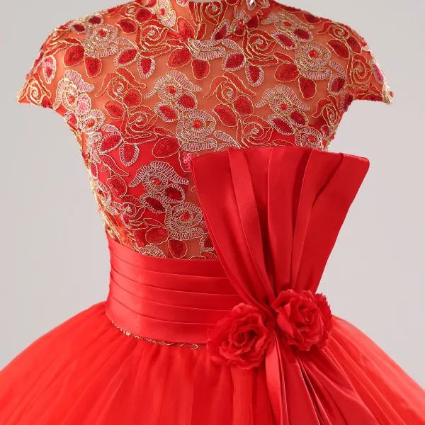 Vintage / Retro Red Lace Flower Sequins Bow Sash Prom Dresses 2025 Ball Gown High Neck Cap Sleeves Floor-Length / Long Prom Formal Dresses