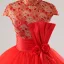 Vintage / Retro Red Lace Flower Sequins Bow Sash Prom Dresses 2025 Ball Gown High Neck Cap Sleeves Floor-Length / Long Prom Formal Dresses