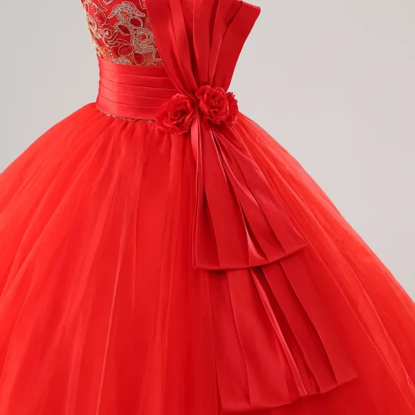 Vintage / Retro Red Lace Flower Sequins Bow Sash Prom Dresses 2025 Ball Gown High Neck Cap Sleeves Floor-Length / Long Prom Formal Dresses