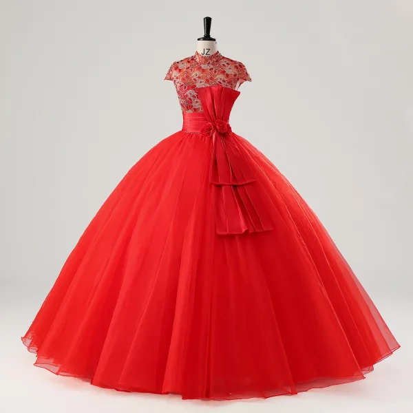 Vintage / Retro Red Lace Flower Sequins Bow Sash Prom Dresses 2025 Ball Gown High Neck Cap Sleeves Floor-Length / Long Prom Formal Dresses