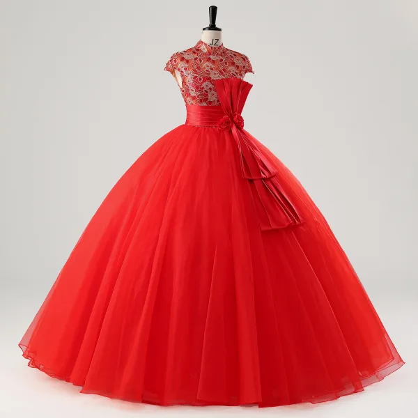 Vintage / Retro Red Lace Flower Sequins Bow Sash Prom Dresses 2025 Ball Gown High Neck Cap Sleeves Floor-Length / Long Prom Formal Dresses
