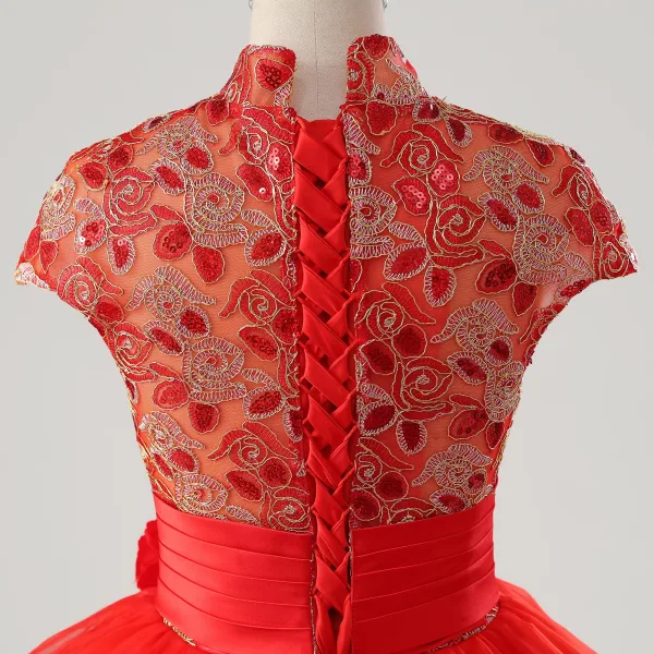 Vintage / Retro Red Lace Flower Sequins Bow Sash Prom Dresses 2025 Ball Gown High Neck Cap Sleeves Floor-Length / Long Prom Formal Dresses
