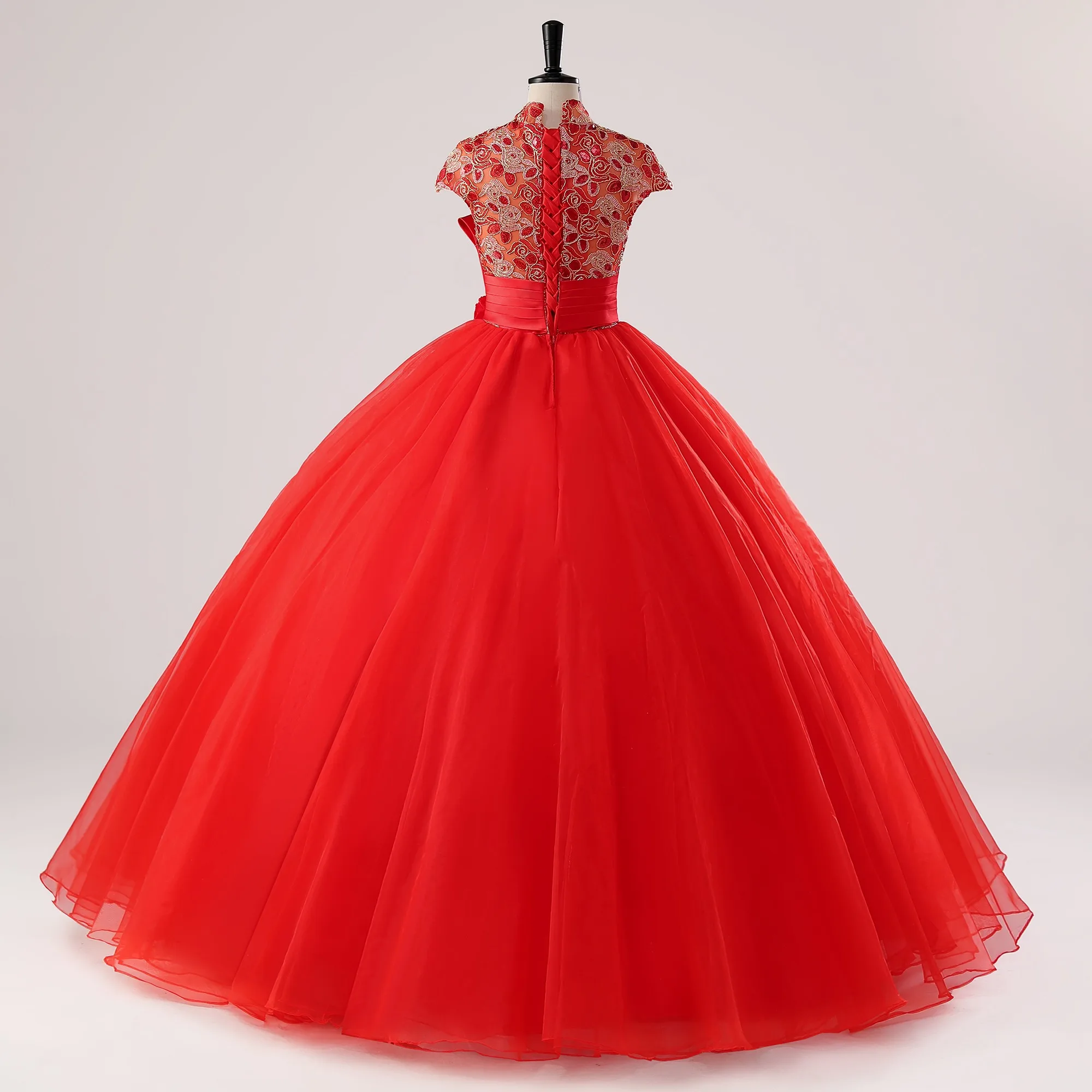 Vintage Retro Red Lace Flower Sequins Bow Sash Prom Dresses 2025 Ball Gown  High Neck Cap Sleeves Floor Length Long Prom Formal Dresses