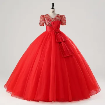Vintage Rot Schleife Stoffgürtel Spitze Blumen Ballkleider 2025 Ballkleid V Ausschnitt Kurze Ärmel Ball Lange Tülle Festliche Kleider