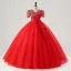 Vintage / Retro Red Bow Sash Lace Flower Prom Dresses 2025 Ball Gown V-Neck Short Sleeve Prom Floor-Length / Long Tulle Formal Dresses
