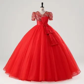 Vintage Retro Red Bow Sash Lace Flower Prom Dresses 2025 Ball Gown V Neck Short Sleeve Prom Floor Length Long Tulle Formal Dresses