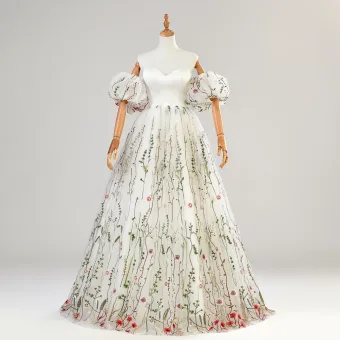 Flower Fairy White Lace Flower Prom Dresses 2024 A Line Princess Strapless Short Sleeve Backless Floor Length Long Prom Formal Dresses