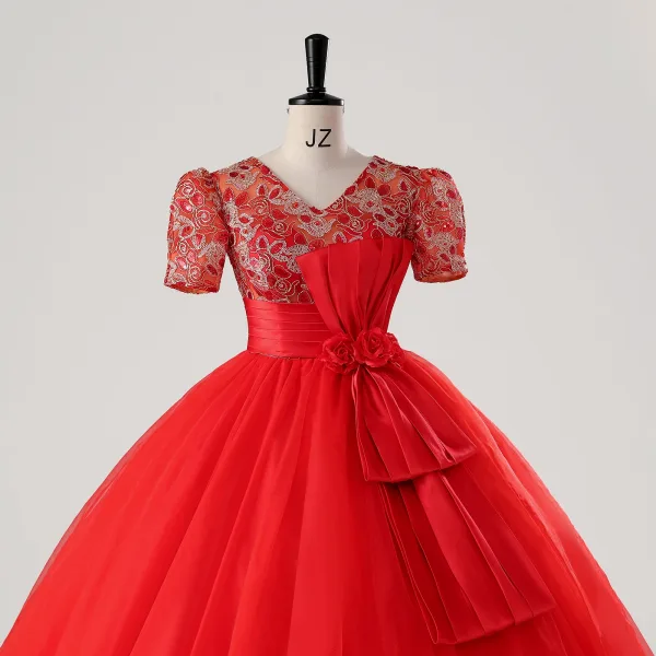 Vintage / Retro Red Bow Sash Lace Flower Prom Dresses 2025 Ball Gown V-Neck Short Sleeve Prom Floor-Length / Long Tulle Formal Dresses