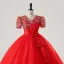 Vintage / Retro Red Bow Sash Lace Flower Prom Dresses 2025 Ball Gown V-Neck Short Sleeve Prom Floor-Length / Long Tulle Formal Dresses